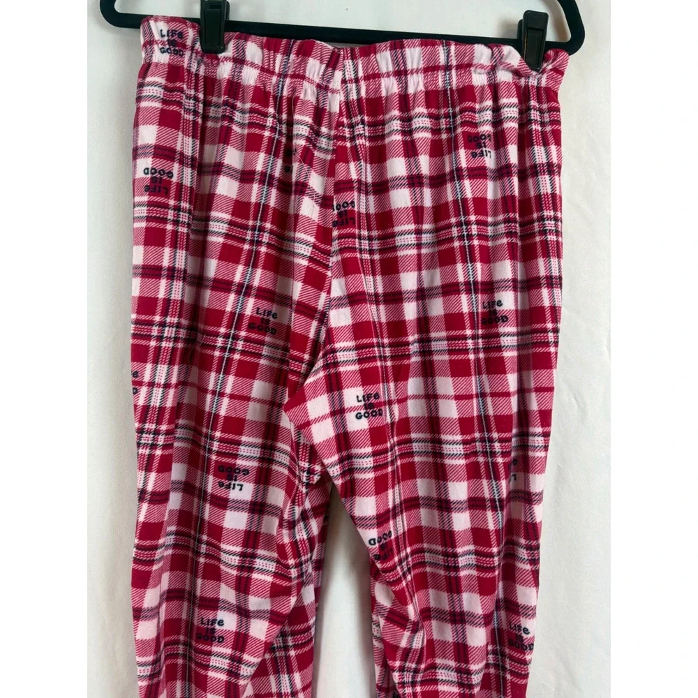 Life is Good Women's Red White Plaid Fleece Pajama Jogger Pants Drawstring Large